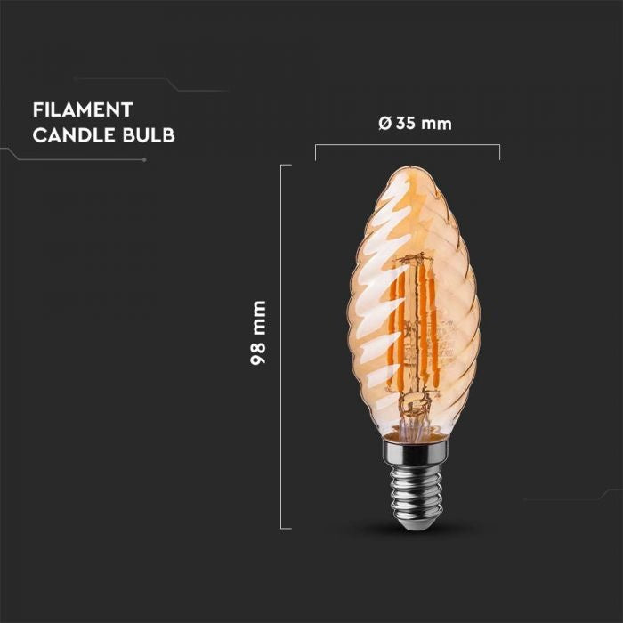 E14 4W(350Lm) LED Filament Bulb, IP20, стекло, рифленая, форма свечи, янтарь, V-TAC, теплый белый свет 2200K