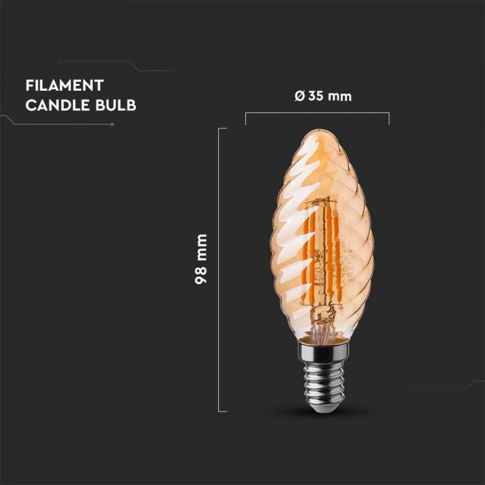 E14 4W(350Lm) LED Filament Bulb, IP20, glass, grooved, candle shape, amber color, V-TAC, warm white light 2200K