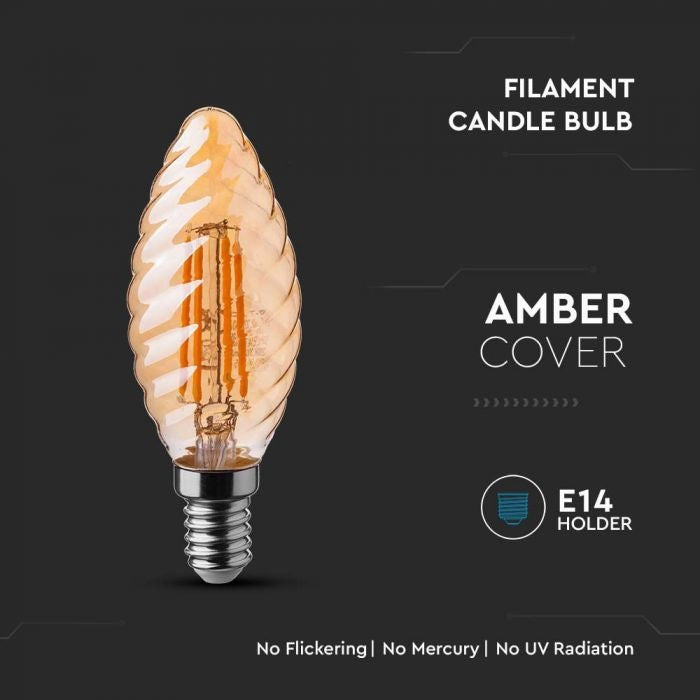 E14 4W(350Lm) LED Filament Bulb, IP20, glass, grooved, candle shape, amber color, V-TAC, warm white light 2200K