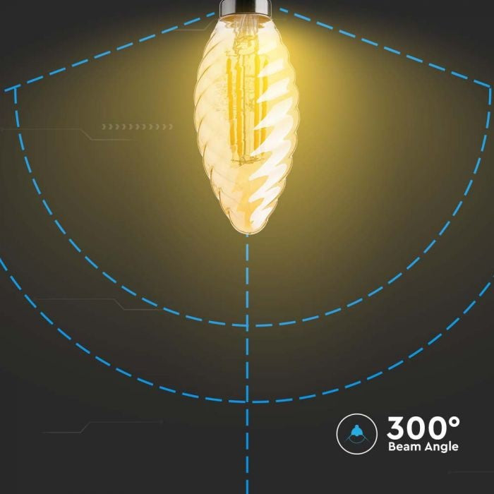 E14 4W(350Lm) LED Filament Bulb, IP20, glass, grooved, candle shape, amber color, V-TAC, warm white light 2200K