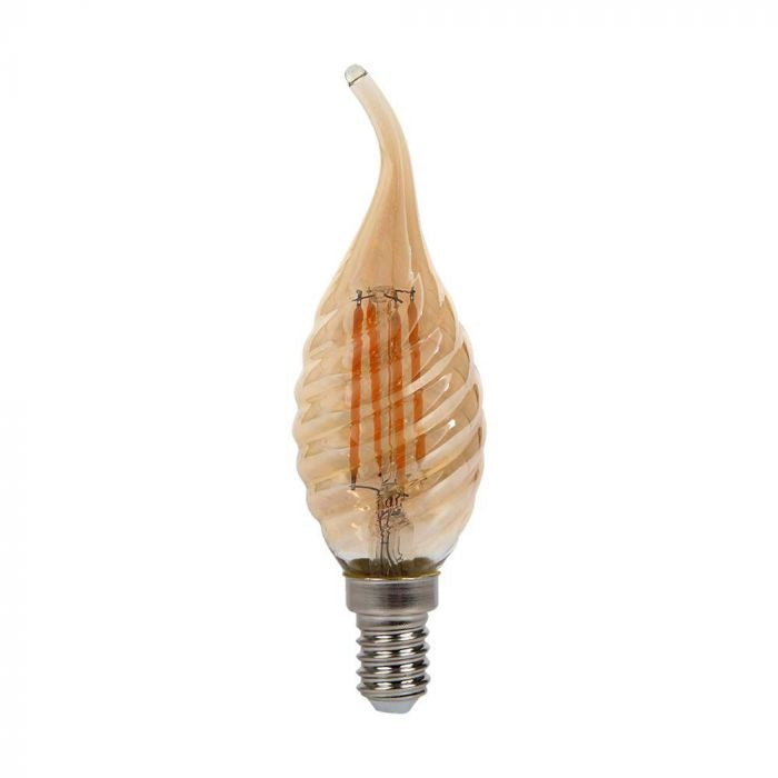 E14 4W(350Lm) LED Filament Bulb, IP20, glass, grooved, candle shape, amber color, V-TAC, warm white light 2200K