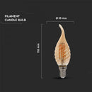 E14 4W(350Lm) LED Filament Bulb, IP20, glass, grooved, candle shape, amber color, V-TAC, warm white light 2200K