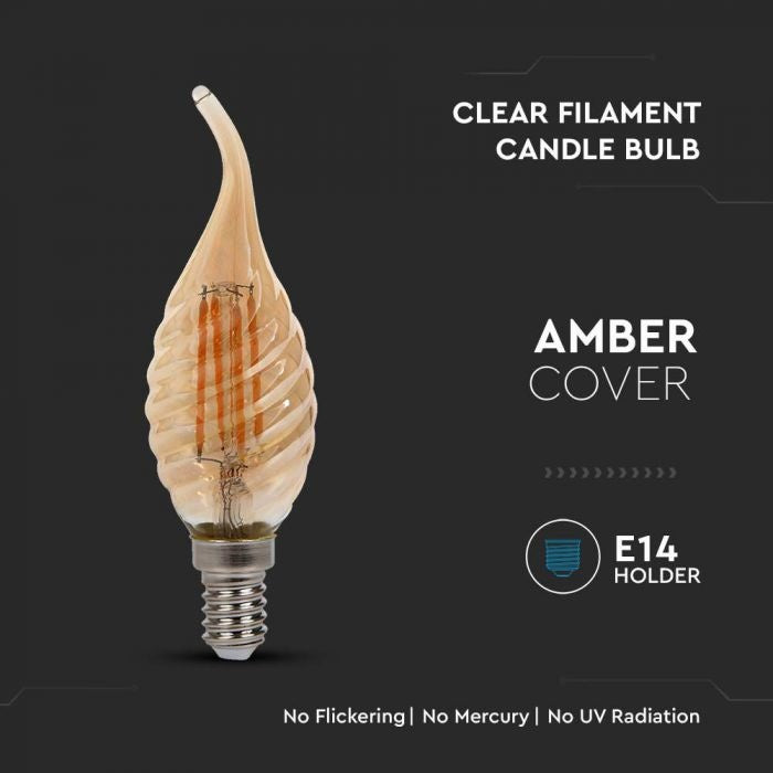 E14 4W(350Lm) LED Filament Bulb, IP20, glass, grooved, candle shape, amber color, V-TAC, warm white light 2200K