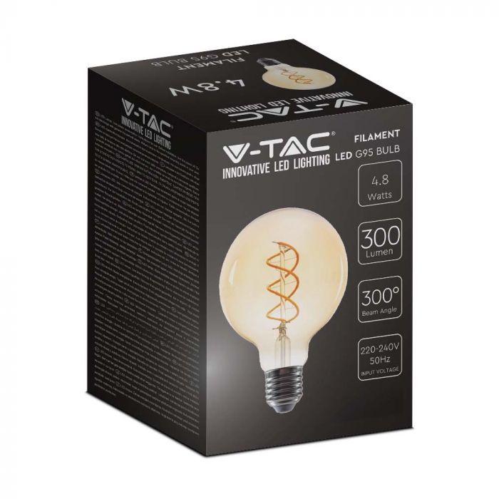 E27 4,8W (300Lm) LED-lampa Filament AMBER, V-TAC, G95, varmvitt ljus 1800K