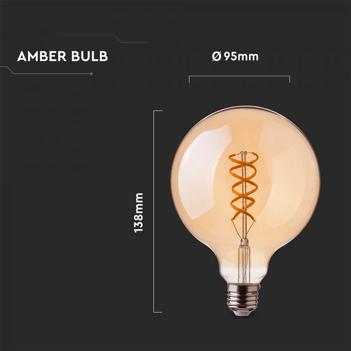 E27 4.8W(300Lm) LED Spuldze Filament AMBER, V-TAC, G95, silti balta gaisma 1800K