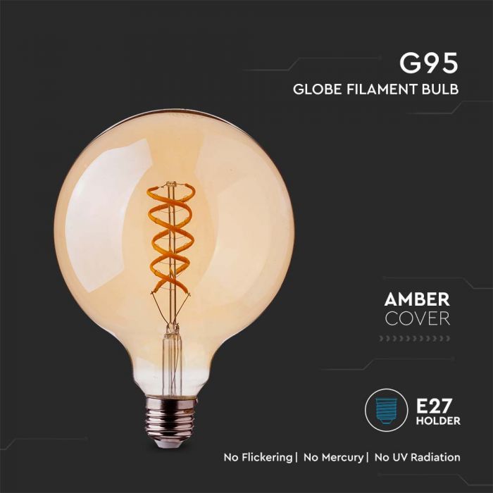 E27 4.8W(300Lm) LED Spuldze Filament AMBER, V-TAC, G95, silti balta gaisma 1800K