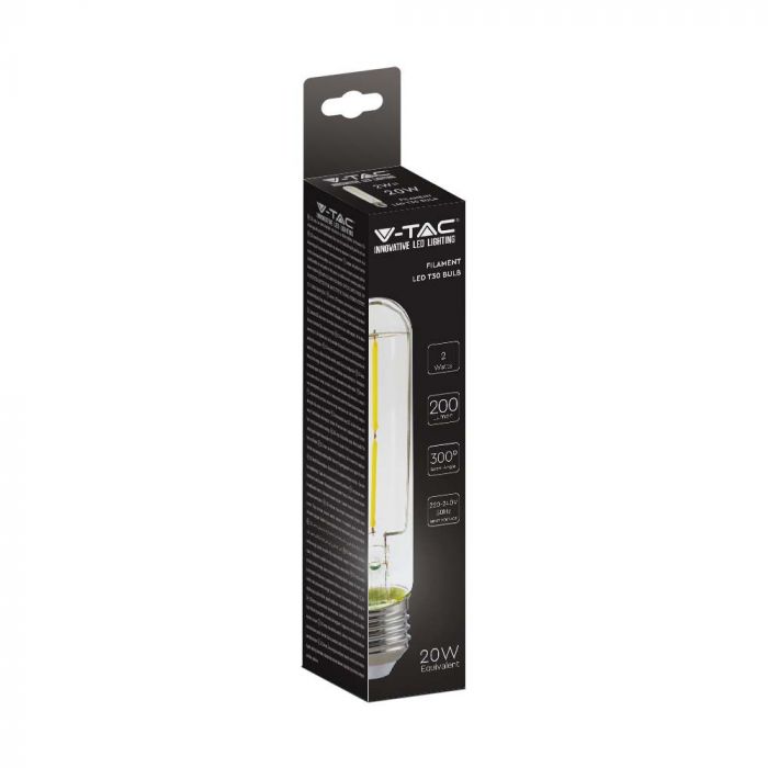 2W(200Lm) LED-lampa Filament, V-TAC, IP20, T30, varmvitt ljus 3000K