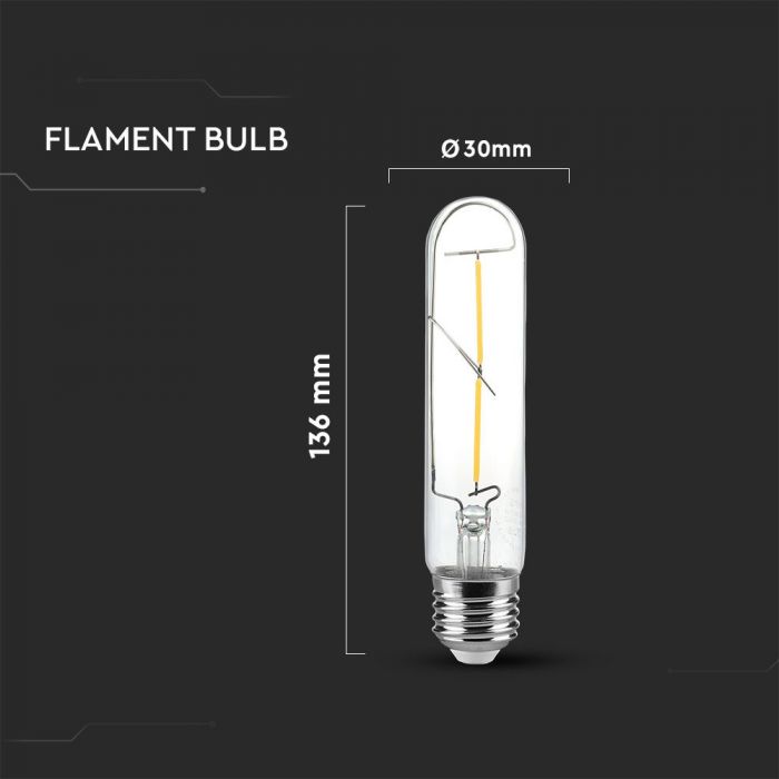 2W(200Lm) LED Bulb Filament, V-TAC, IP20, T30, warm white light 3000K