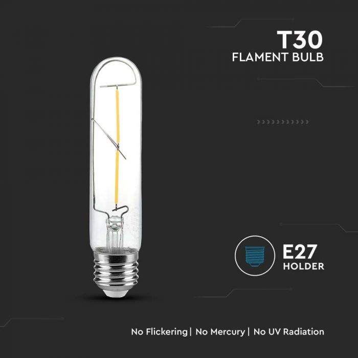 2W(200Lm) LED Bulb Filament, V-TAC, IP20, T30, warm white light 3000K