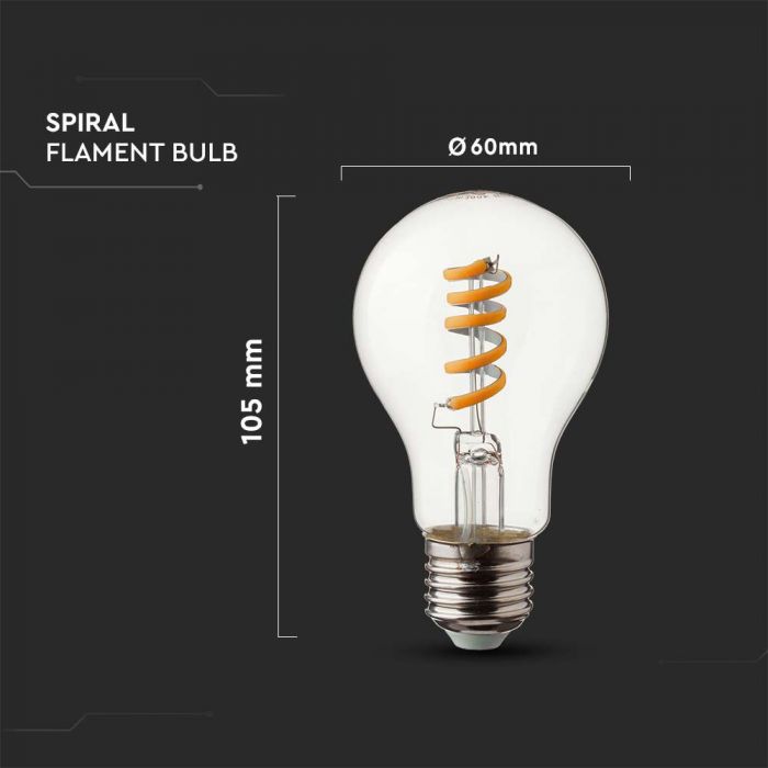 E27 4W(300Lm) LED Bulb Filament spiral, V-TAC, A60, IP20, warm white light 3000K
