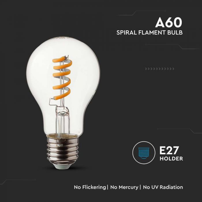 E27 4W(300Lm) LED-lampa Filament spiral, V-TAC, A60, IP20, varmvitt ljus 3000K