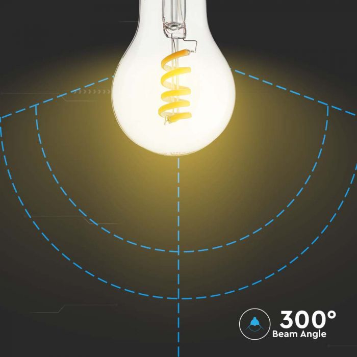 E27 4W(300Lm) LED-lampa Filament spiral, V-TAC, A60, IP20, varmvitt ljus 3000K