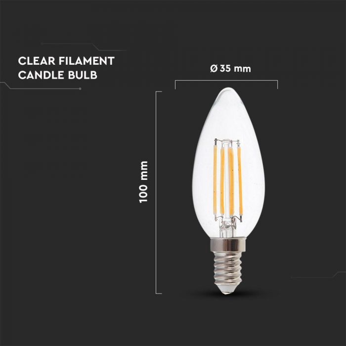 E14 6W(600Lm) LED-lampa Filament, ljusformad, V-TAC, varmvitt ljus 3000K
