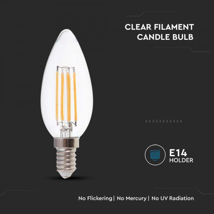 E14 6W(600Lm) LED Bulb Filament, candle shape, V-TAC, warm white light 3000K