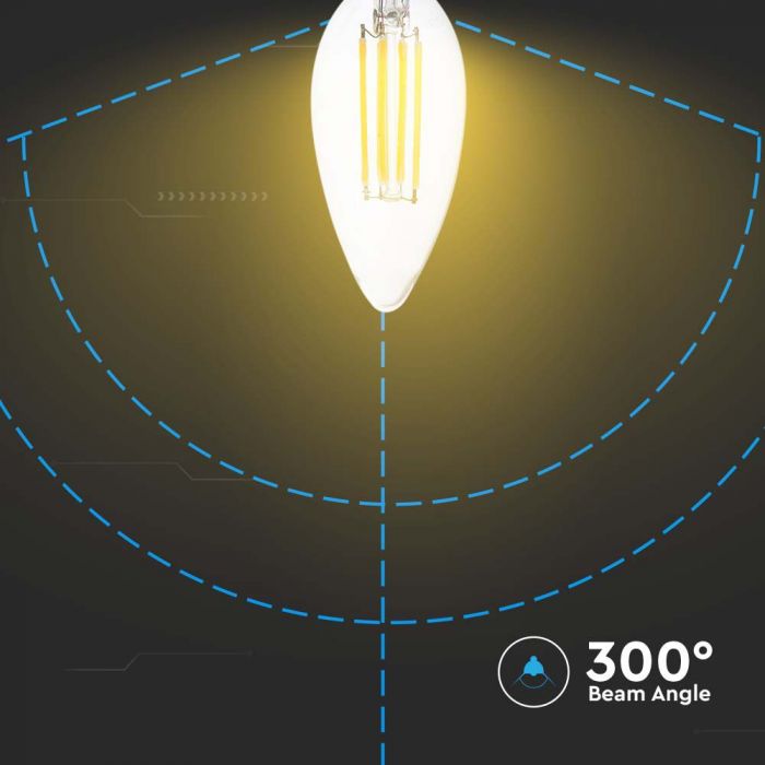 E14 6W(600Lm) LED-lampa Filament, ljusformad, V-TAC, varmvitt ljus 3000K
