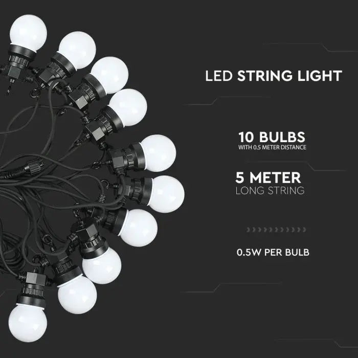 5m 0.5W/лампа (480Lm) 10 LED string, V-TAC, IP44, 270°, теплый белый свет 3000K