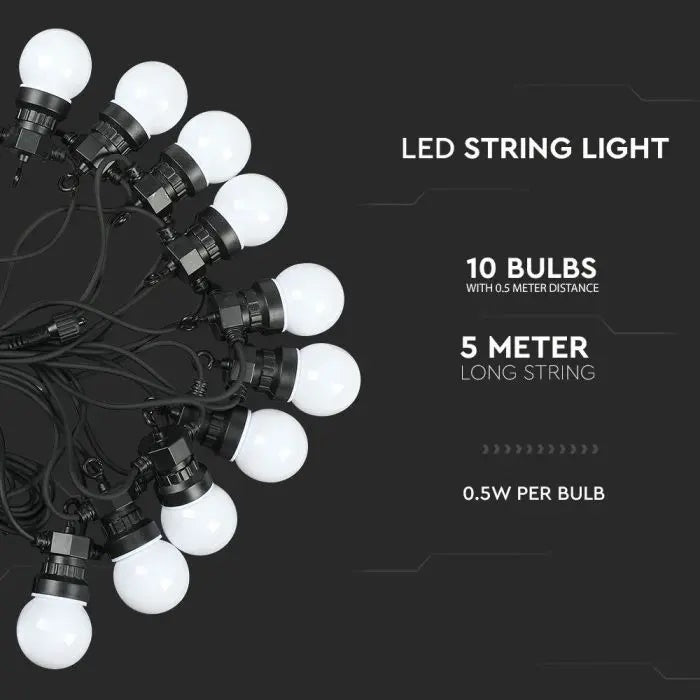 5m 0.5W/bulb(480Lm) 10 LED string, V-TAC, IP44, 270°, warm white light 3000K