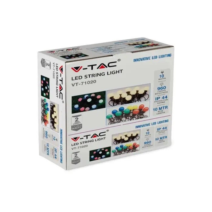 10m 0,5W/glödlampa (960Lm) LED-slinga, V-TAC, IP44, 270°, varmvitt ljus 3000K