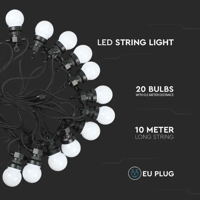 10m 0.5W/bulb(960Lm) LED string, V-TAC, IP44, 270°, warm white light 3000K