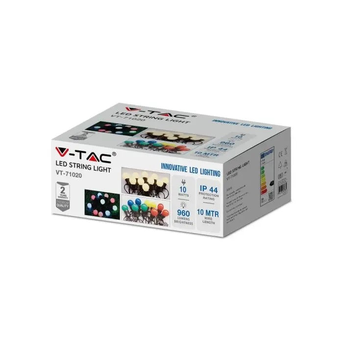 10m 0.5W/bulb(480Lm) 20 LED string, V-TAC, 24V, IP44, 270°, cold white light 6000K