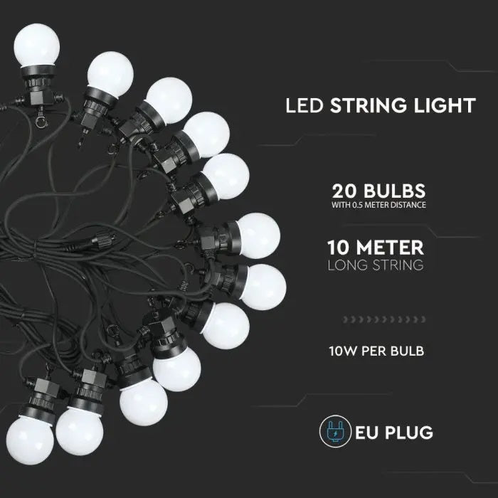 10m 0.5W/pirn (480Lm) 20 LED string, V-TAC, 24V, IP44, 270°, jaheda valge valgus 6000K