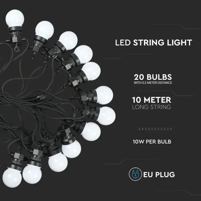 SALE_10m 0.5W/pirn(480Lm) 20 LED string, V-TAC, 24V, IP44, 270°, jaheda valge valgus 6000K