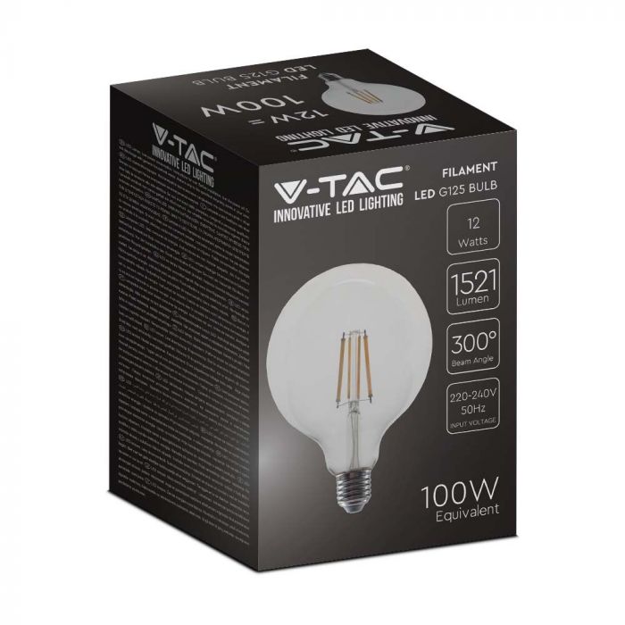 E27 12W(1521Lm) LED Spuldze Filament, V-TAC, G125, IP20, neitrāli balta gaisma 4000K