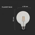 E27 12W(1521Lm) LED Spuldze Filament, V-TAC, G125, IP20, neitrāli balta gaisma 4000K