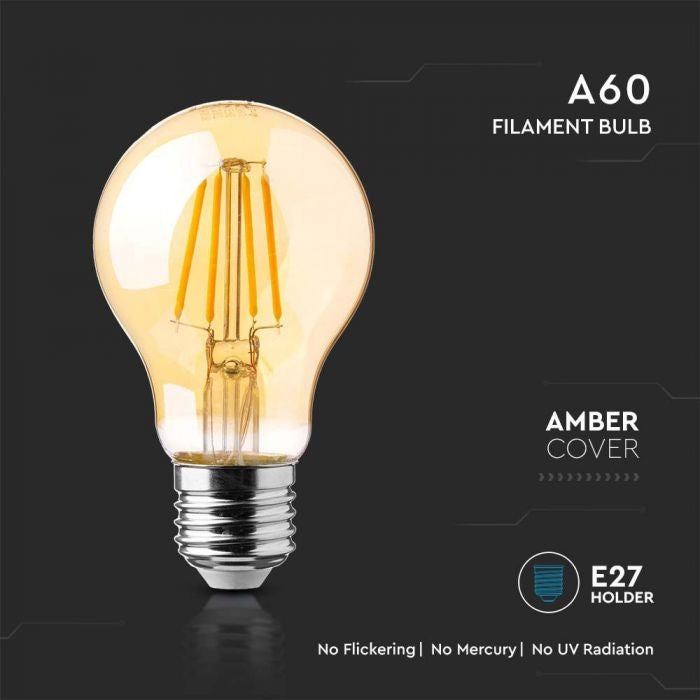 E27 12W(1350Lm) LED Spuldze Filament Amber, A60, IP20, silti balta gaisma 2200K
