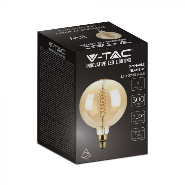 E27 8W(500Lm) LED Spuldze Filament Amber, G200, V-TAC, IP20, silti balta gaisma 1800K