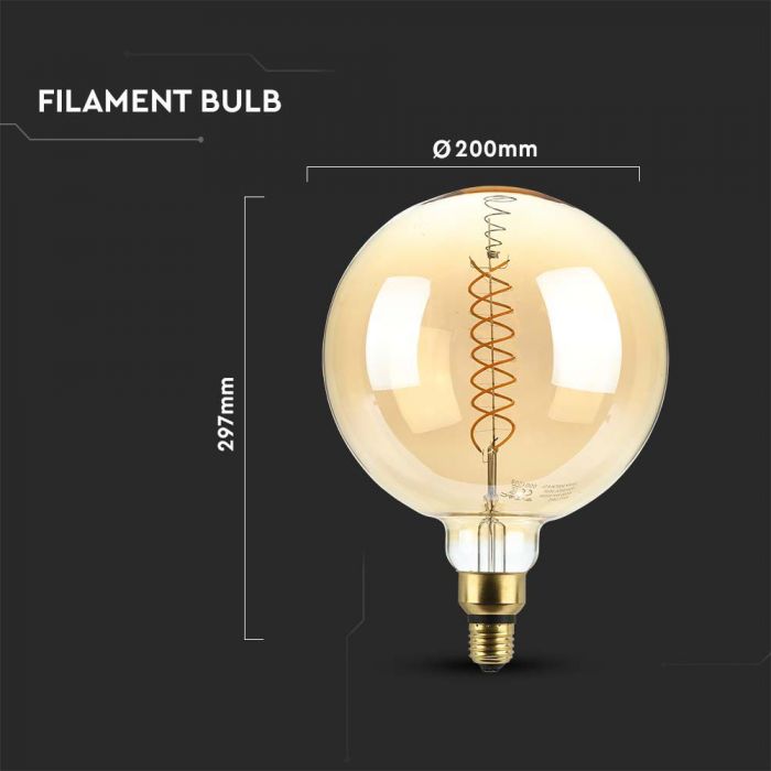 E27 8W(500Lm) LED Spuldze Filament Amber, G200, V-TAC, IP20, silti balta gaisma 1800K