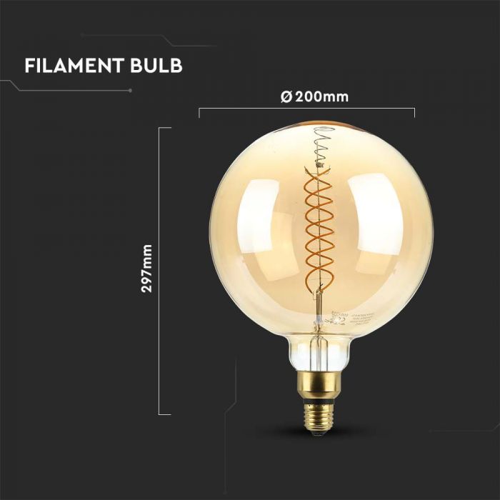 E27 8W(500Lm) LED Bulb Filament Amber, G200, V-TAC, IP20, warm white light 1800K