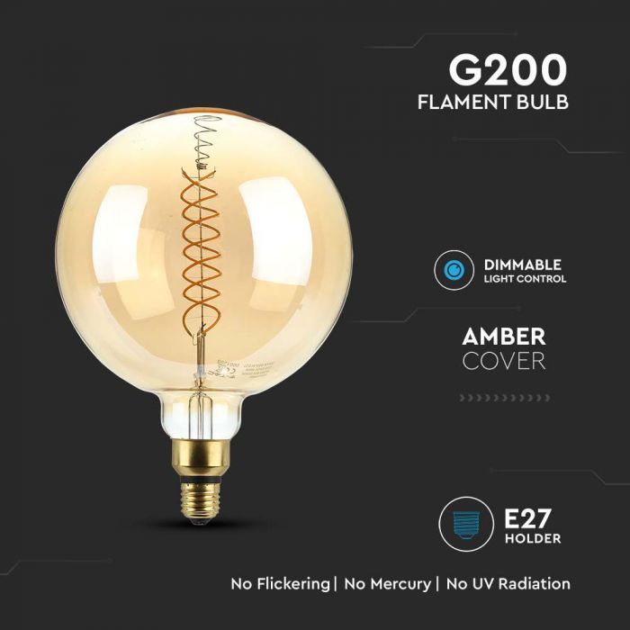 E27 8W(500Lm) LED Bulb Filament Amber, G200, V-TAC, IP20, warm white light 1800K