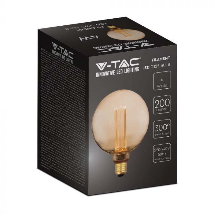 E27 4W(200Lm) LED-lampa Filament AMBER, G125, IP20, V-TAC, varmvitt ljus 1800K