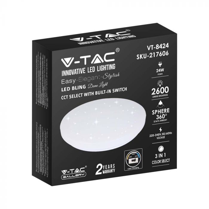 24W(2600Lm) LED-poster, IP20, vit stjärna, rund, 3in1(variabel ljustemperatur 3000K,4000K,6400K), V-TAC