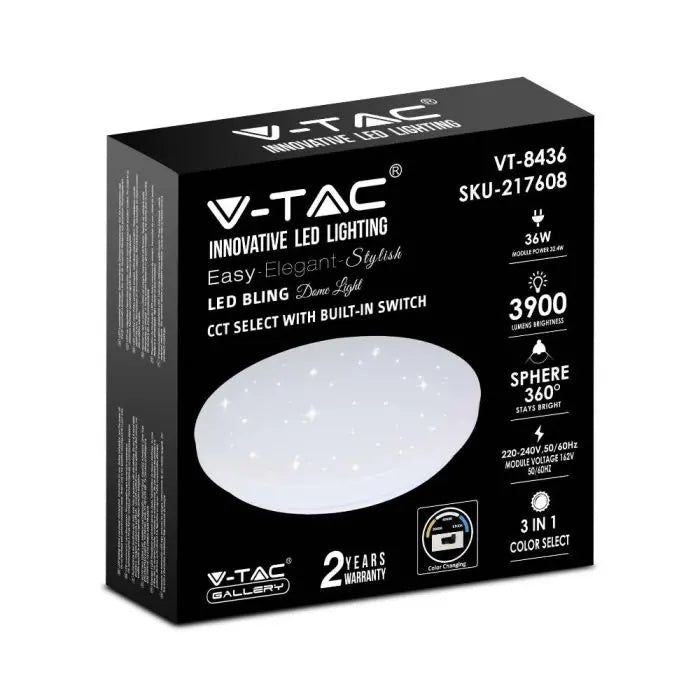 36W(3900Lm) LED-poster, IP20, vit stjärna, rund, 3in1 (variabel ljustemperatur 3000K,4000K,6400K), V-TAC
