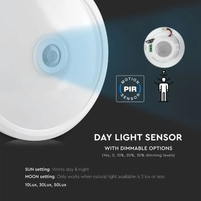 12W(1000Lm) LED plafons, balts, apaļš, IP20, V-TAC SAMSUNG, ar kustību sensoru, garantija 5 gadi, auksti balta gaisma 6400K