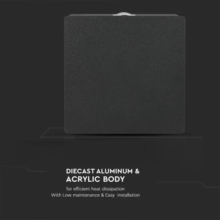 4W(428Lm) LED sienas gaismeklis, V-TAC, IP65, melns, kvadrāta, silti balta gaisma 3000K