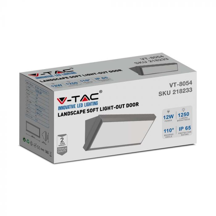 12W(1250Lm) LED Fasādes gaismeklis, kvadrāta formas, V-TAC, IP65, pelēks, auksti balta gaisma 6400K