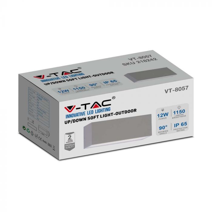 12W(1150Lm) LED-väggarmatur, V-TAC, IP65, grå, fyrkantig, kallvit 6400K