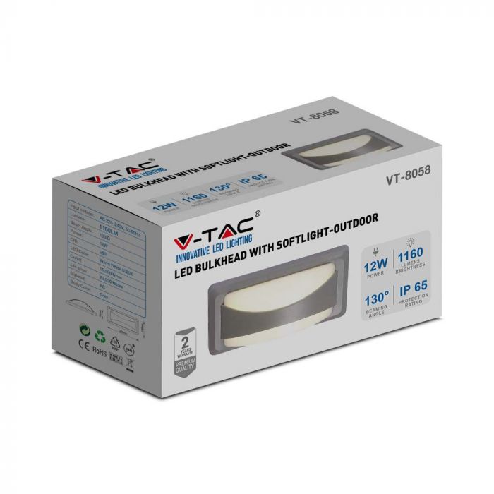 12W(1160Lm) LED fasādes gaismeklis, V-TAC, IP65, pelēks, kvadrāta, auksti balta gaisma 6400K