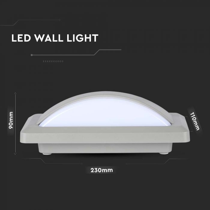 12W(1160Lm) LED fasādes gaismeklis, V-TAC, IP65, pelēks, kvadrāta, auksti balta gaisma 6400K