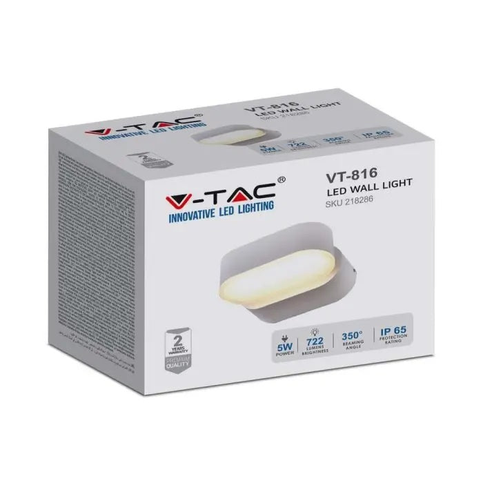 5W(800Lm) LED fasādes gaismeklis, V-TAC, IP65, balts, silti balta gaisma 3000K