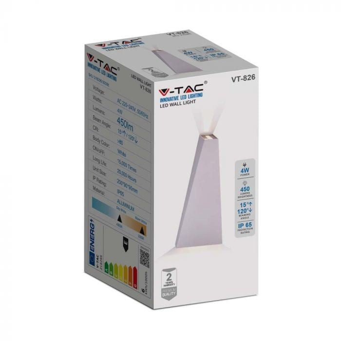 4W(450Lm) LED-fasadarmatur, V-TAC, IP65, vit, varmvitt ljus 3000K