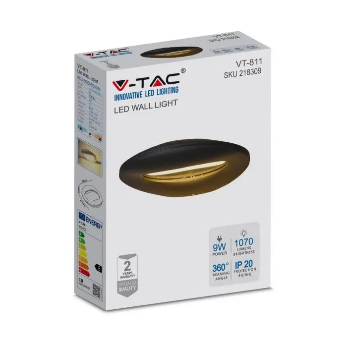 9W(1070Lm) LED Fasādes gaismeklis, IP20, melns, silti balta gaisma 3000K