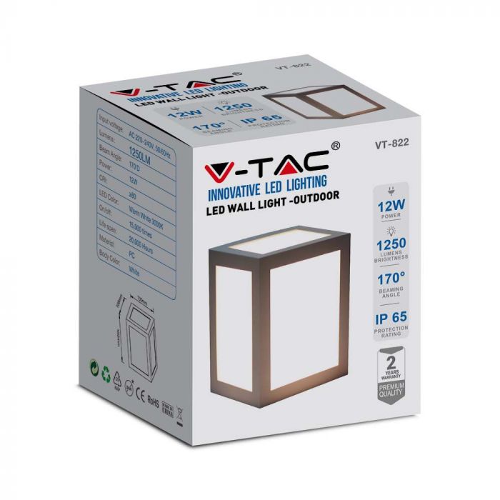 12W(1250Lm) LED sienas gaismeklis, V-TAC, IP65, pelēks, silti balta gaisma 3000K