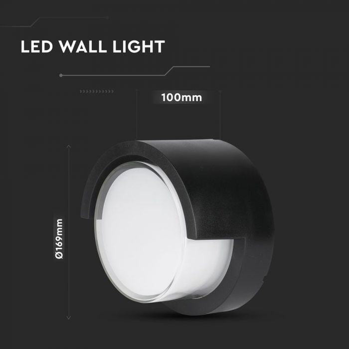 12W(1155Lm) LED sienas gaismeklis, V-TAC, IP65, melns, apaļš, silti balta gaisma 3000K