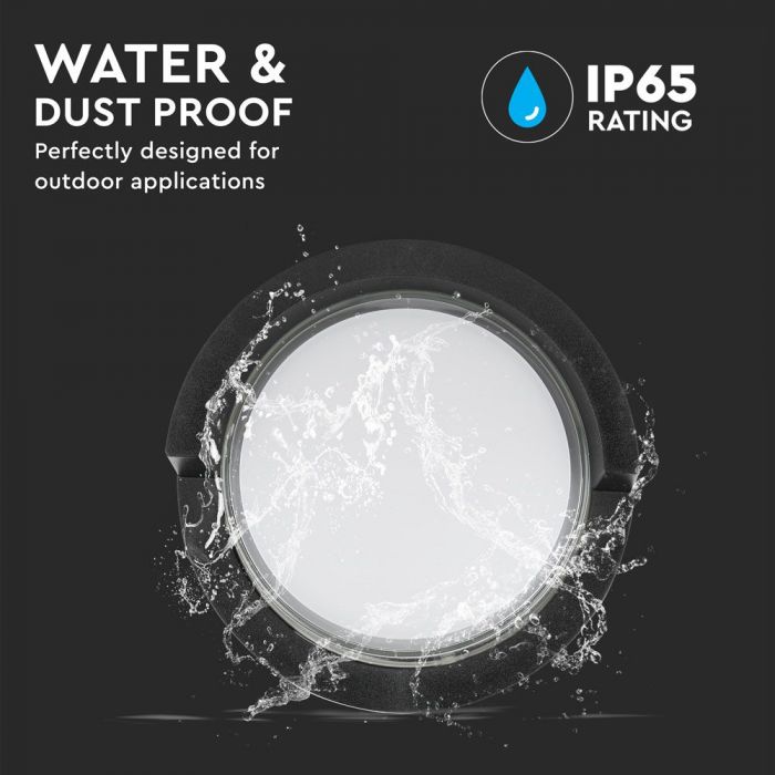 12W(1155Lm) LED sienas gaismeklis, V-TAC, IP65, melns, apaļš, silti balta gaisma 3000K