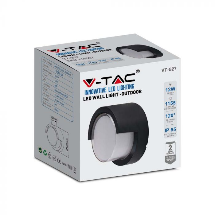 12W(1155Lm) LED-väggarmatur, V-TAC, IP65, svart, rund, neutralvitt ljus 4000K