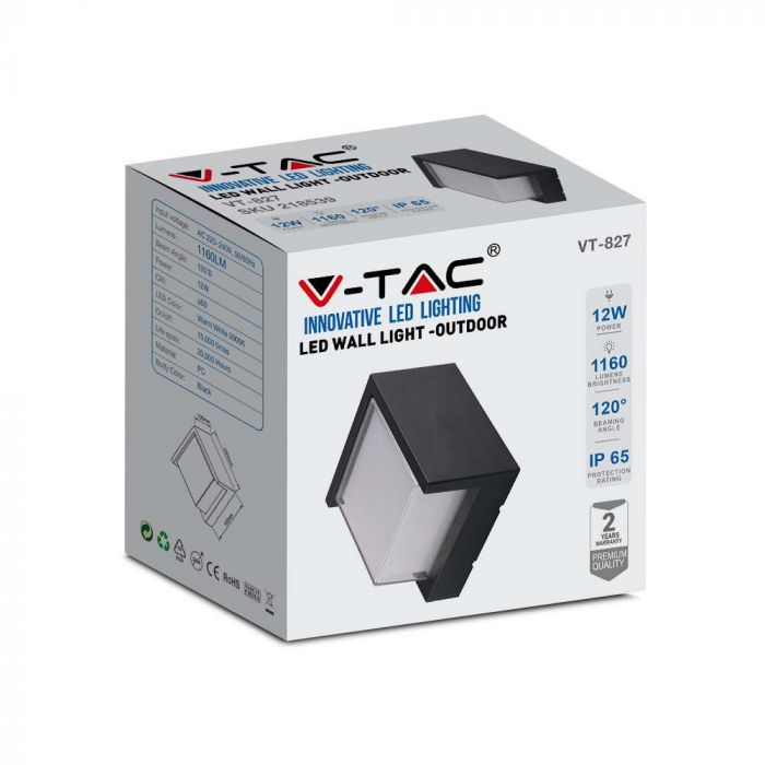 12W(1160Lm) LED wall light, V-TAC, IP65, black, square, warm white light 3000K